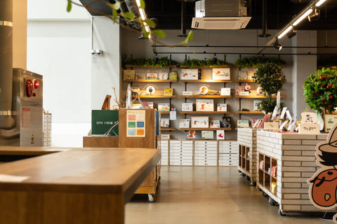 Wide shot of a bookstore in Seoul, South Korea