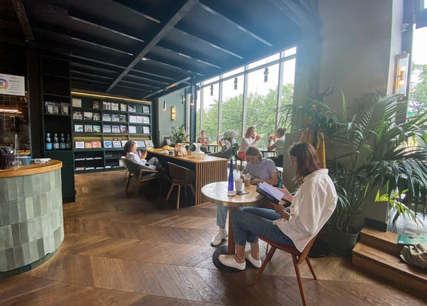 A cozy bookstore with big windows and people reading comfortably