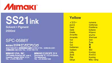 Mimaki SS21 Solvent Ink 2 liter Ink Pack Yellow (MPN: SPC-0588Y)