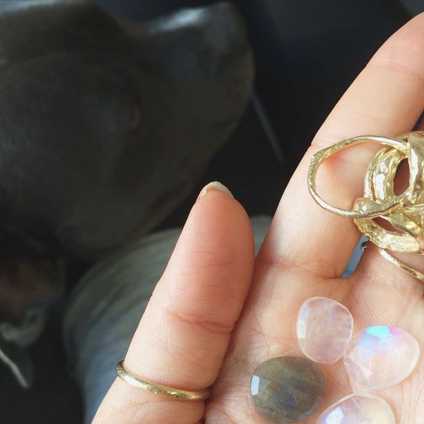 gemstones on model's hand 