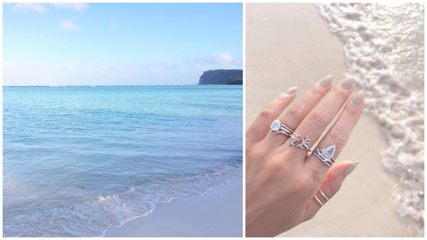 white gold handcrafted rings by the beach