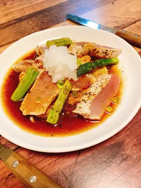 まぐろと長芋とアスパラのバター醤油焼き