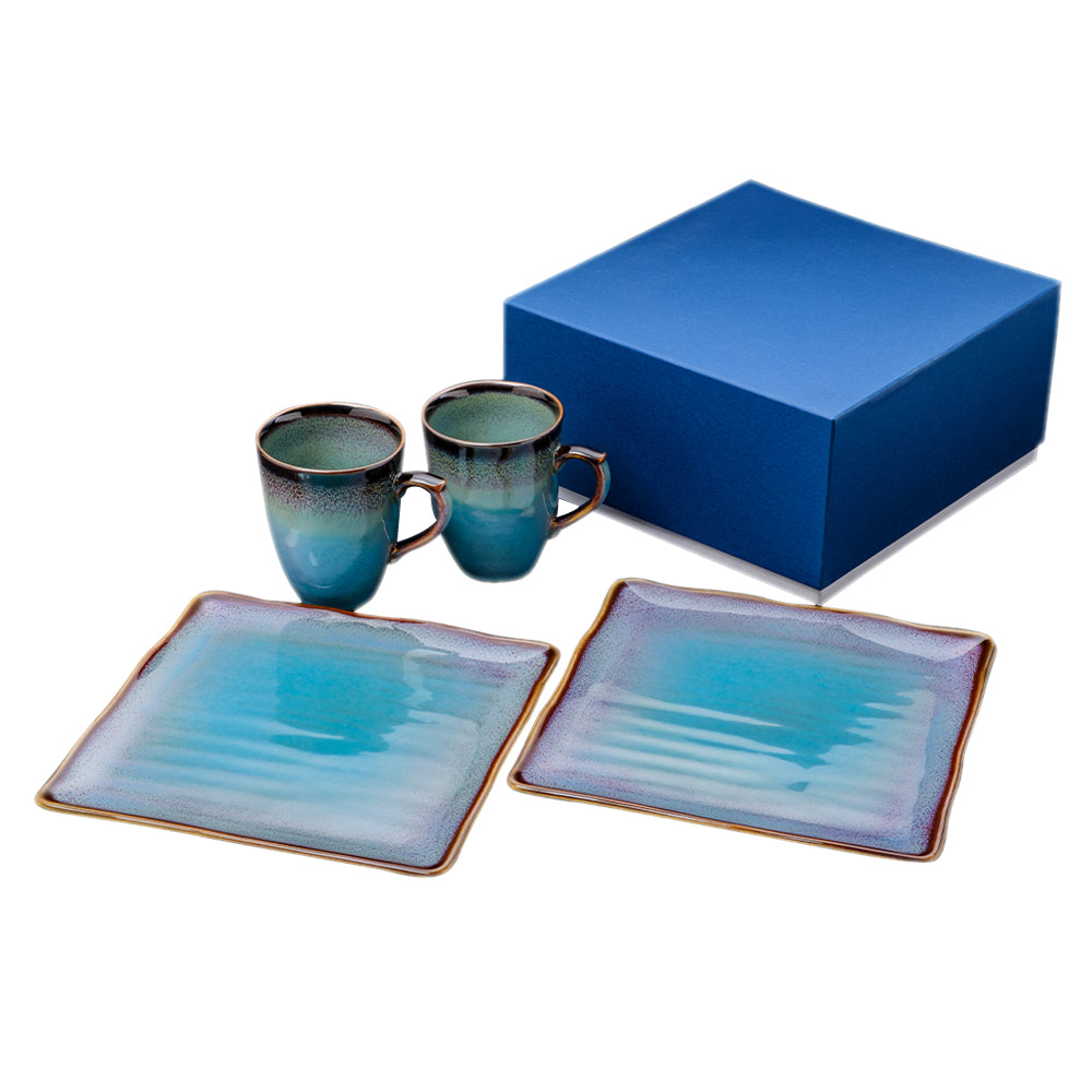 Shinsya Tenmoku Mugs & Square Plates (L) Pair Morning Set