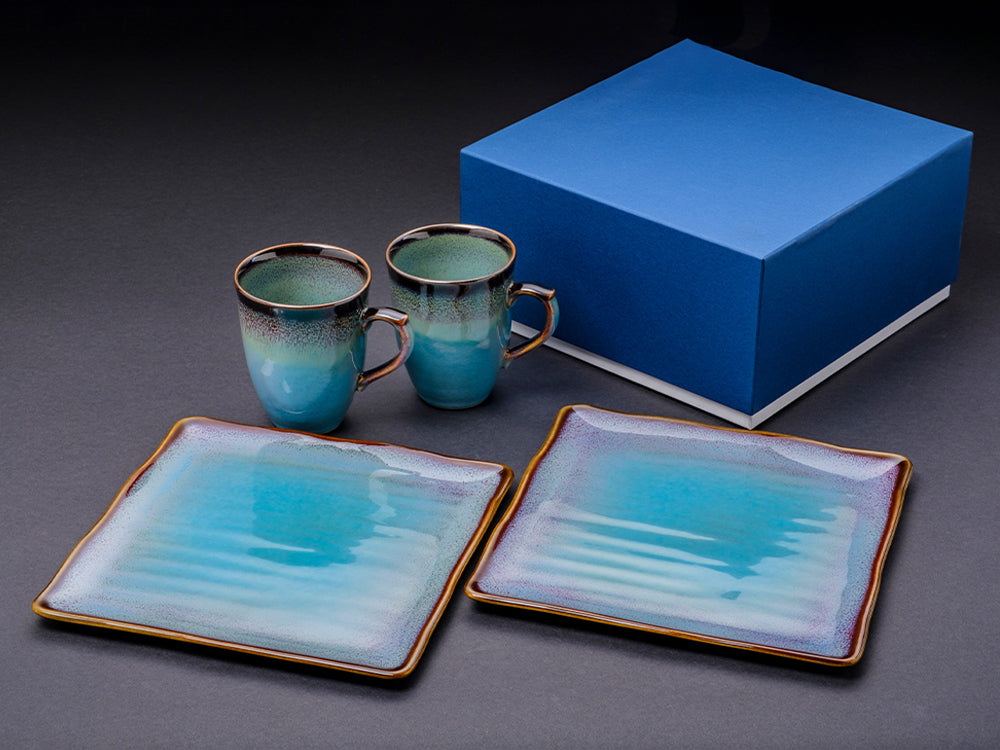 Shinsya Tenmoku Mugs & Square Plates (L) Pair Morning Set