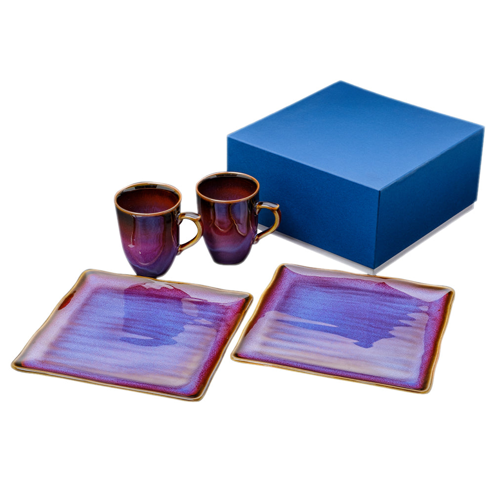 Shinsya Tenmoku Mugs & Square Plates (L) Pair Morning Set
