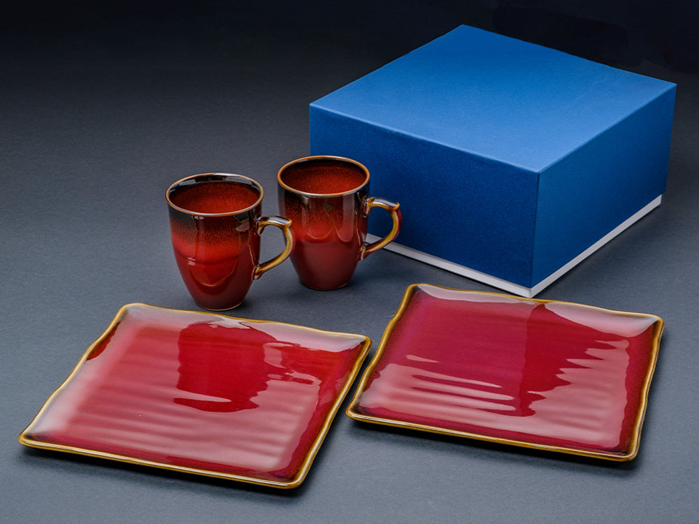 Shinsya Tenmoku Mugs & Square Plates (L) Pair Morning Set