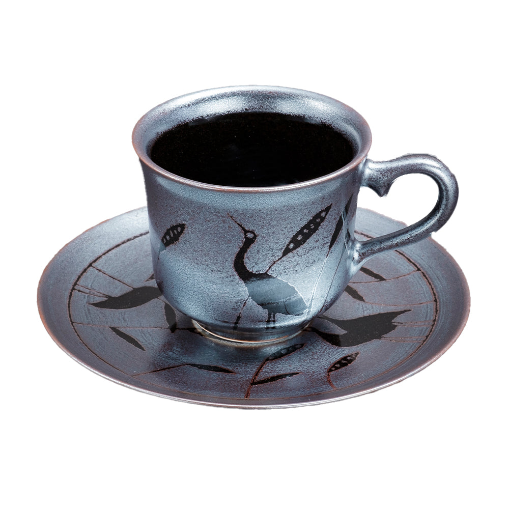 天目银彩鹭鸟图案咖啡杯