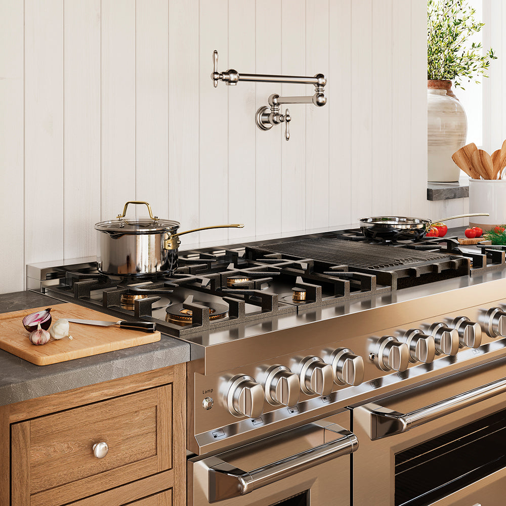 ZLINE 48-inch RA dual fuel range in a farmhouse-style kitchen