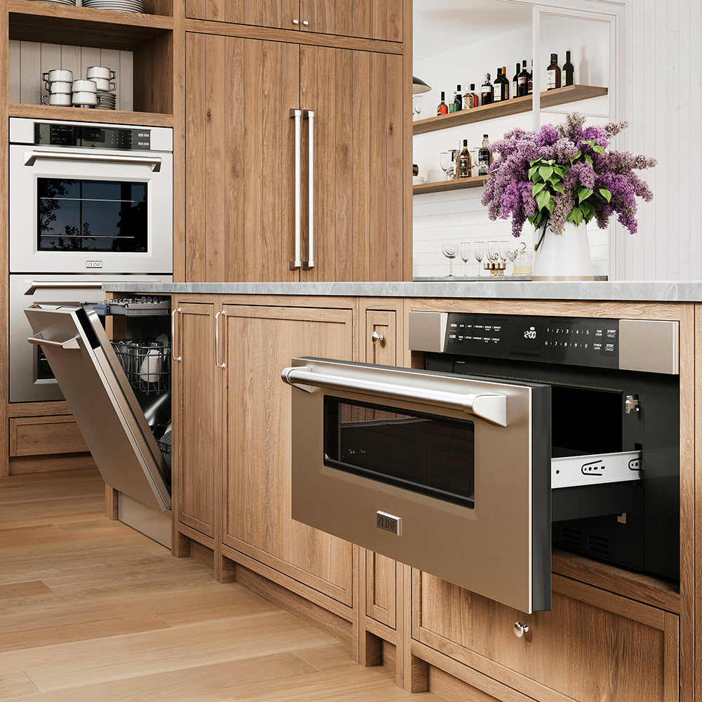 ZLINE dishwasher and microwave drawer in a rustic kitchen