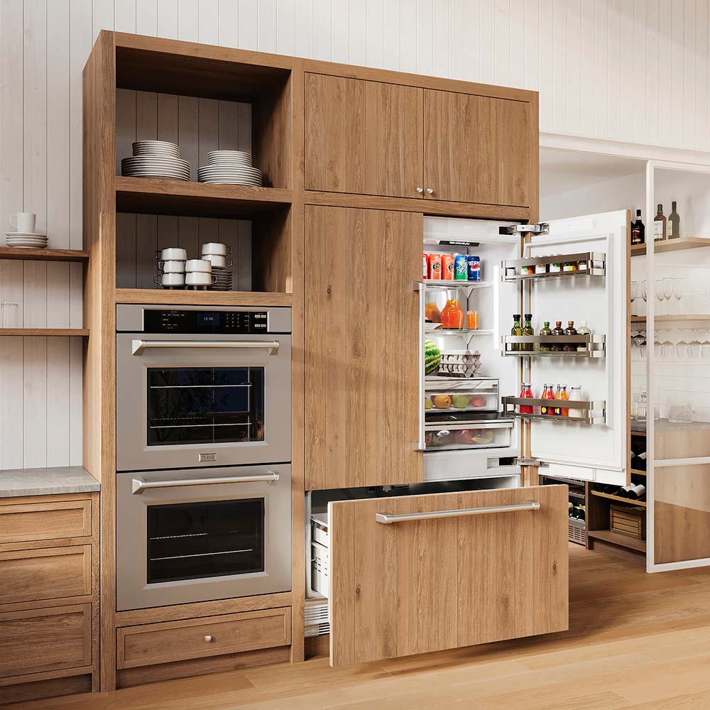 ZLINE 36-inch Built-in refrigerator with custom wood panels in a kitchen with door and bottom freezer drawer open