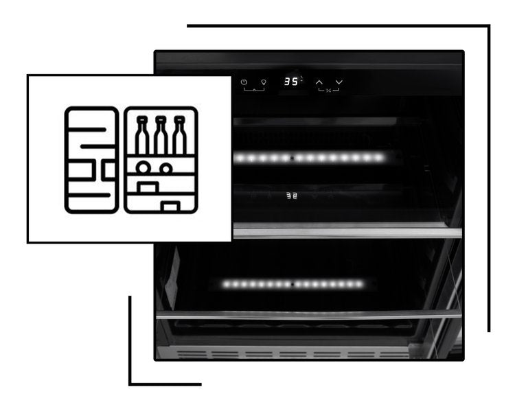 Icon and image representing beverage refrigerator with spacious storage