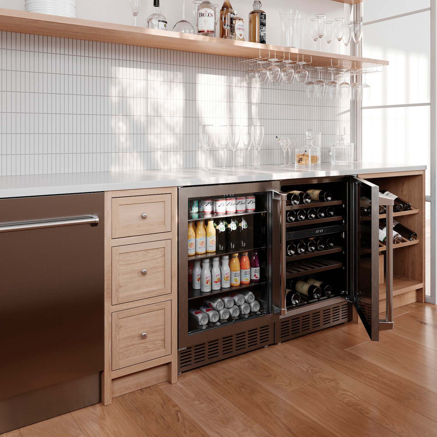 ZLINE Monument Beverage Fridge and Dual Zone Wine Cooler side-by-side in a home bar area