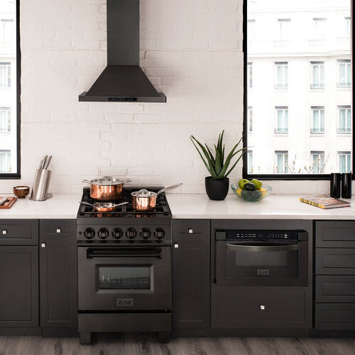 Modern studio apartment kitchen with black stainless steel 24