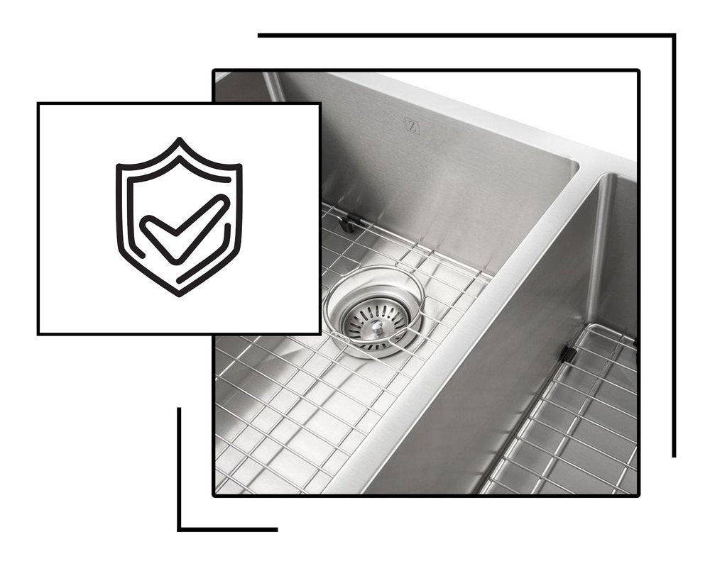 Icon and image representing lifetime warranty on sinks