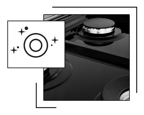 Icon and image representing porcelain cooktop on dual fuel ranges