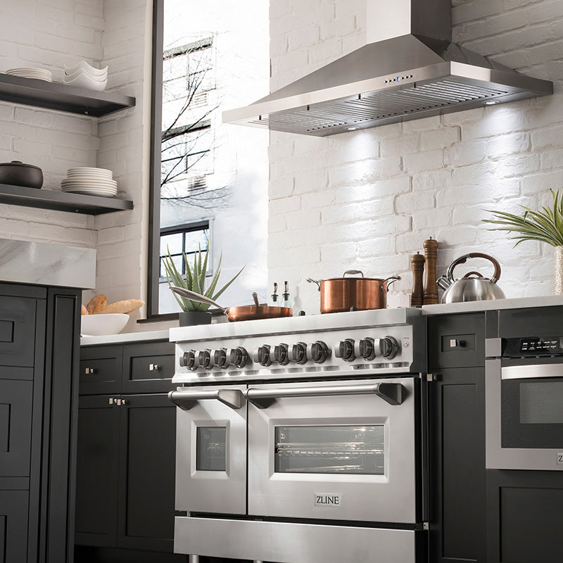 ZLINE 48-inch RA dual fuel range in a luxury apartment kitchen