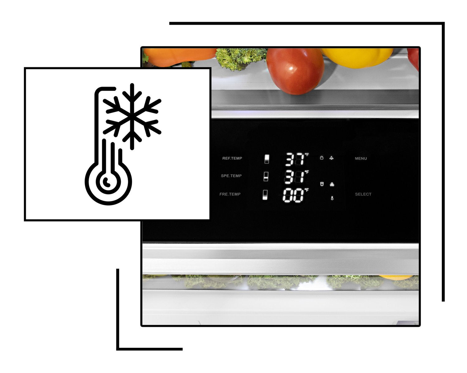 Icon and image representing adjustable freezer temperature zones
