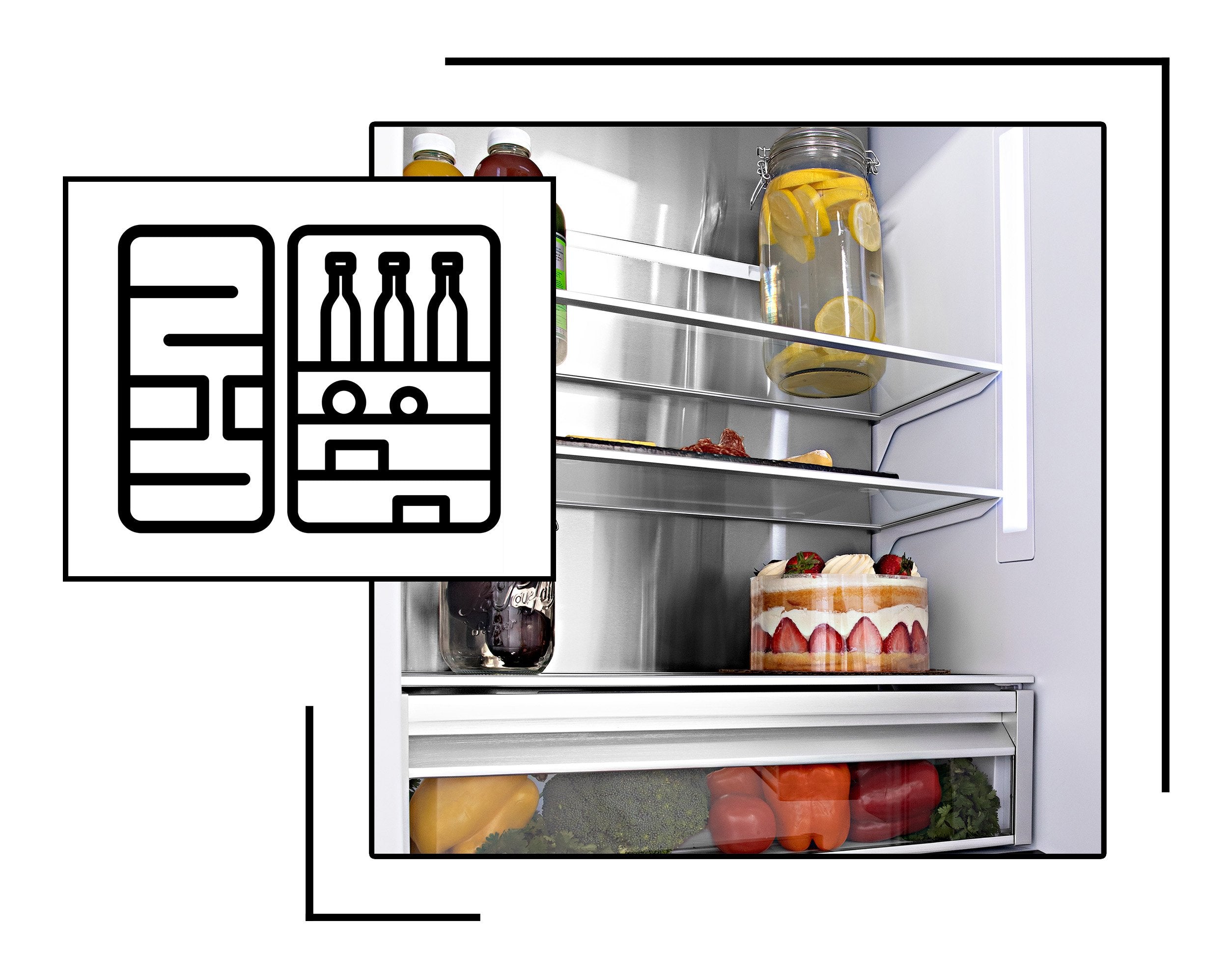 Icon and image representing adjustable shelving in built-in refrigeration