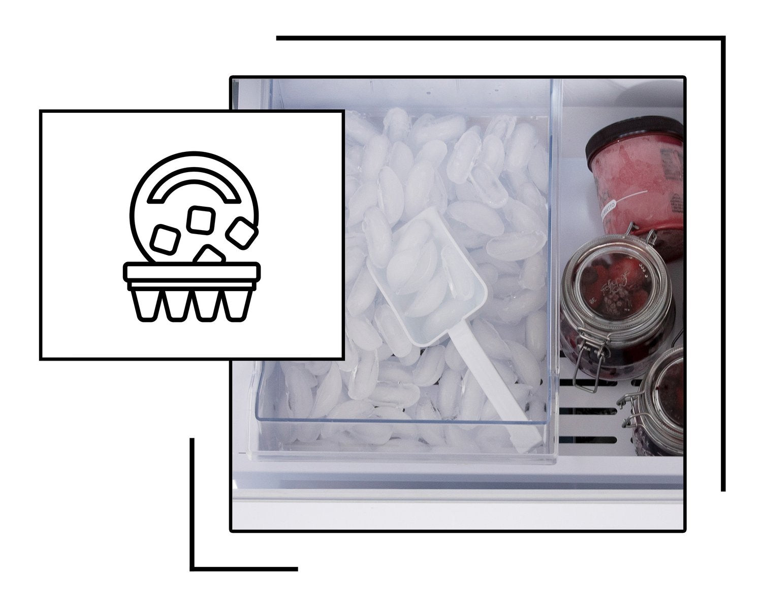 Icon and image representing built-in refrigerator with internal ice maker