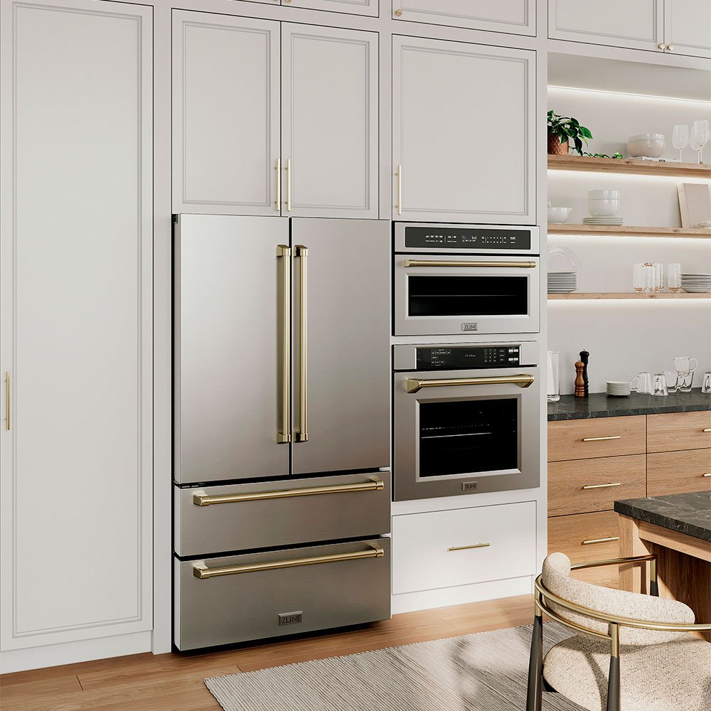 ZLINE Autograph Edition Counter-depth French door refrigerator with matching microwave and wall oven in a luxury kitchen