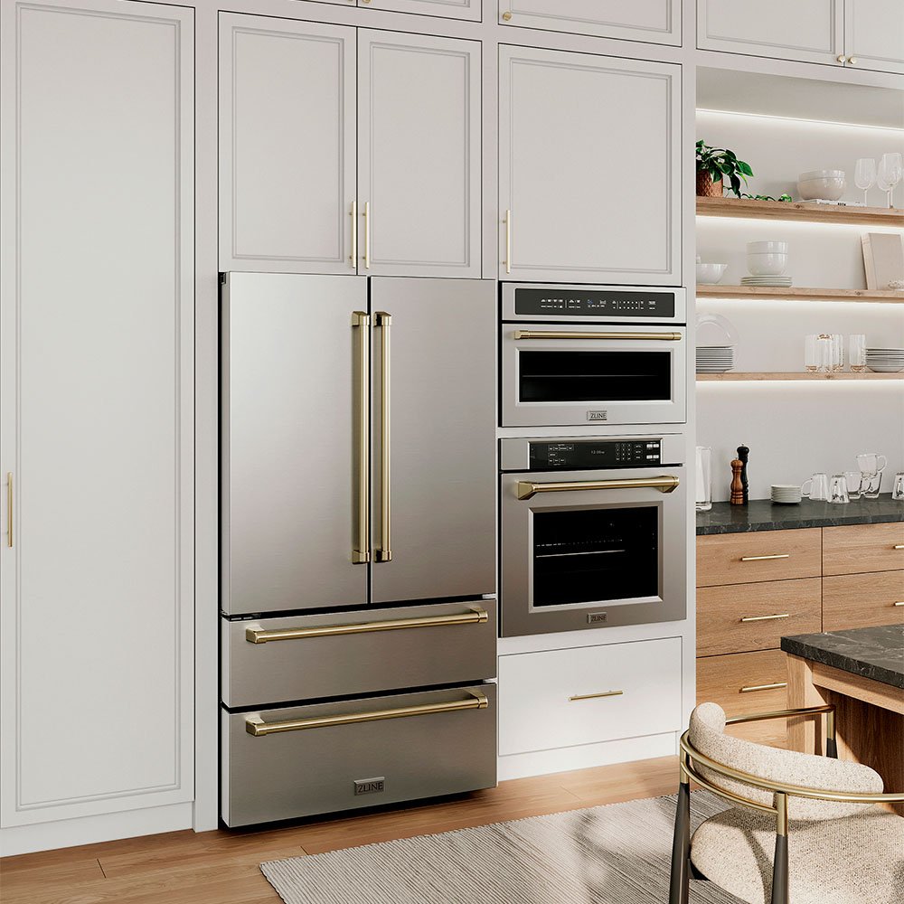 ZLINE single wall oven below a microwave oven in a luxury farmhouse-style kitchen