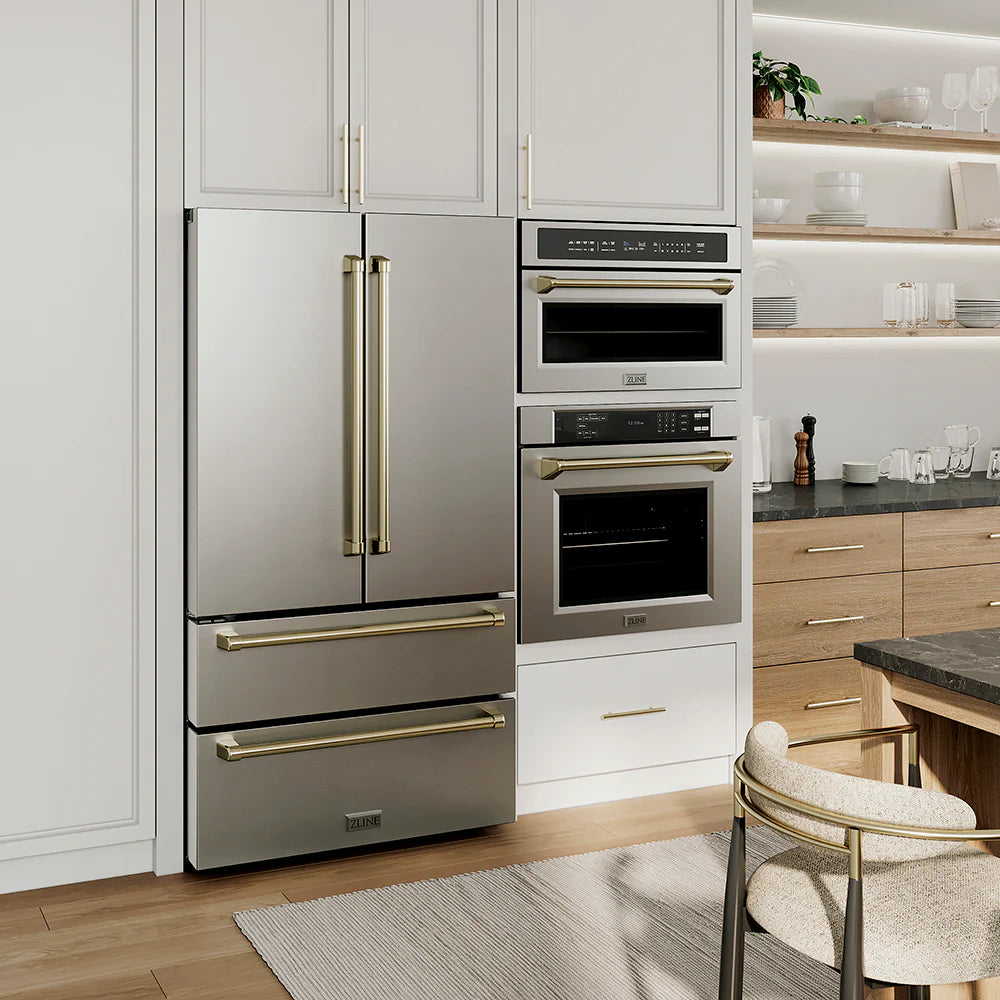 ZLINE refrigerator, wall oven, and microwave oven in a modern luxury kitchen