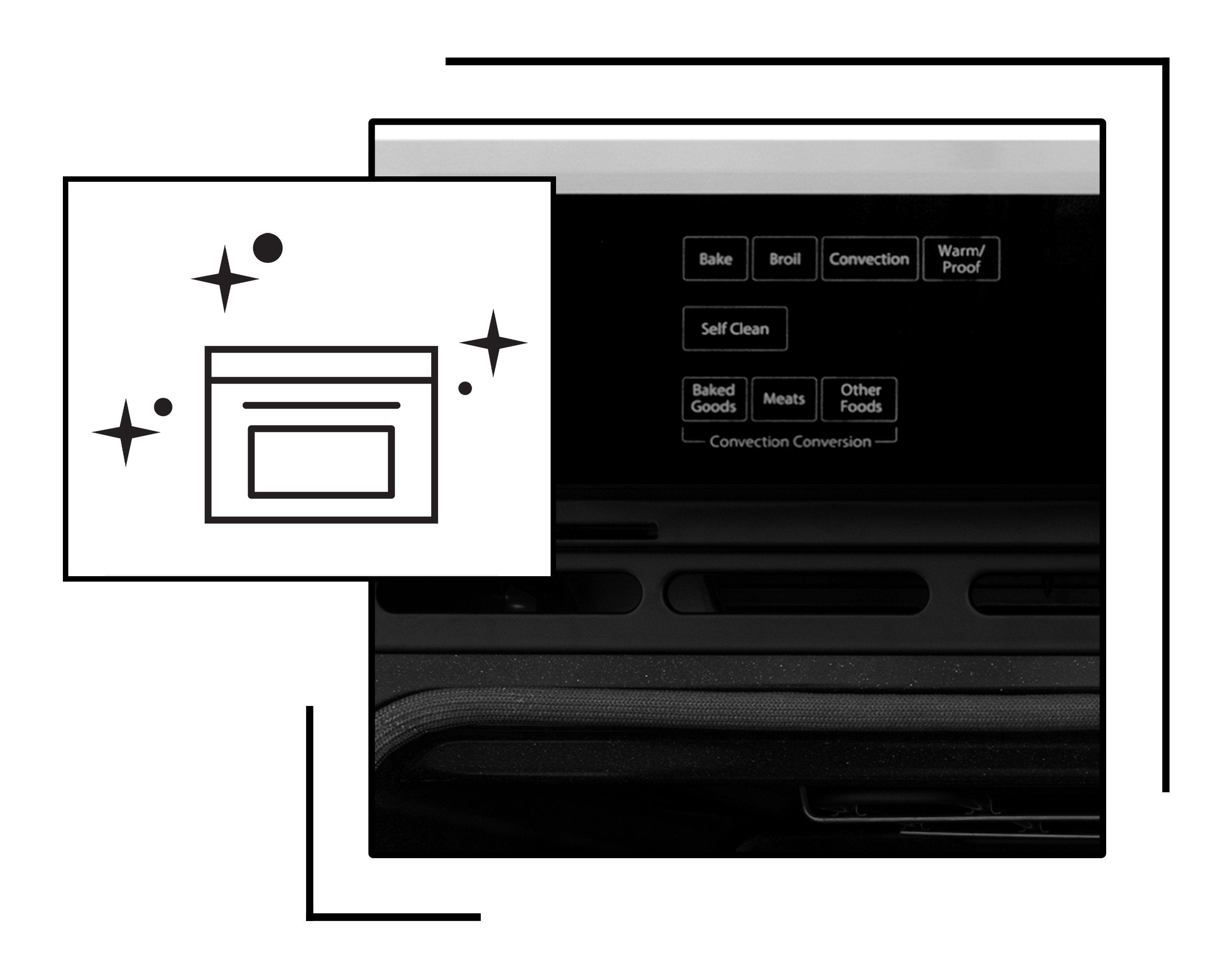 Icon and image representing wall oven with self-clean functionality