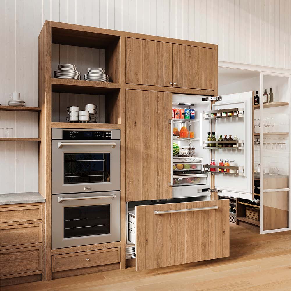 ZLINE double wall oven in a luxury farmhouse-style kitchen with wood cabinets