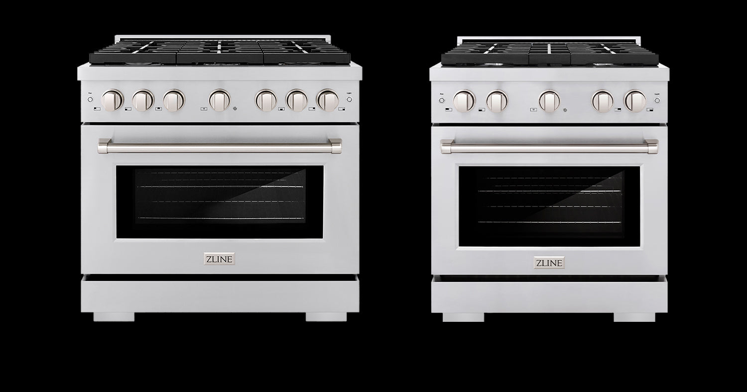 ZLINE 36-inch and 30-inch gas ranges side by side.