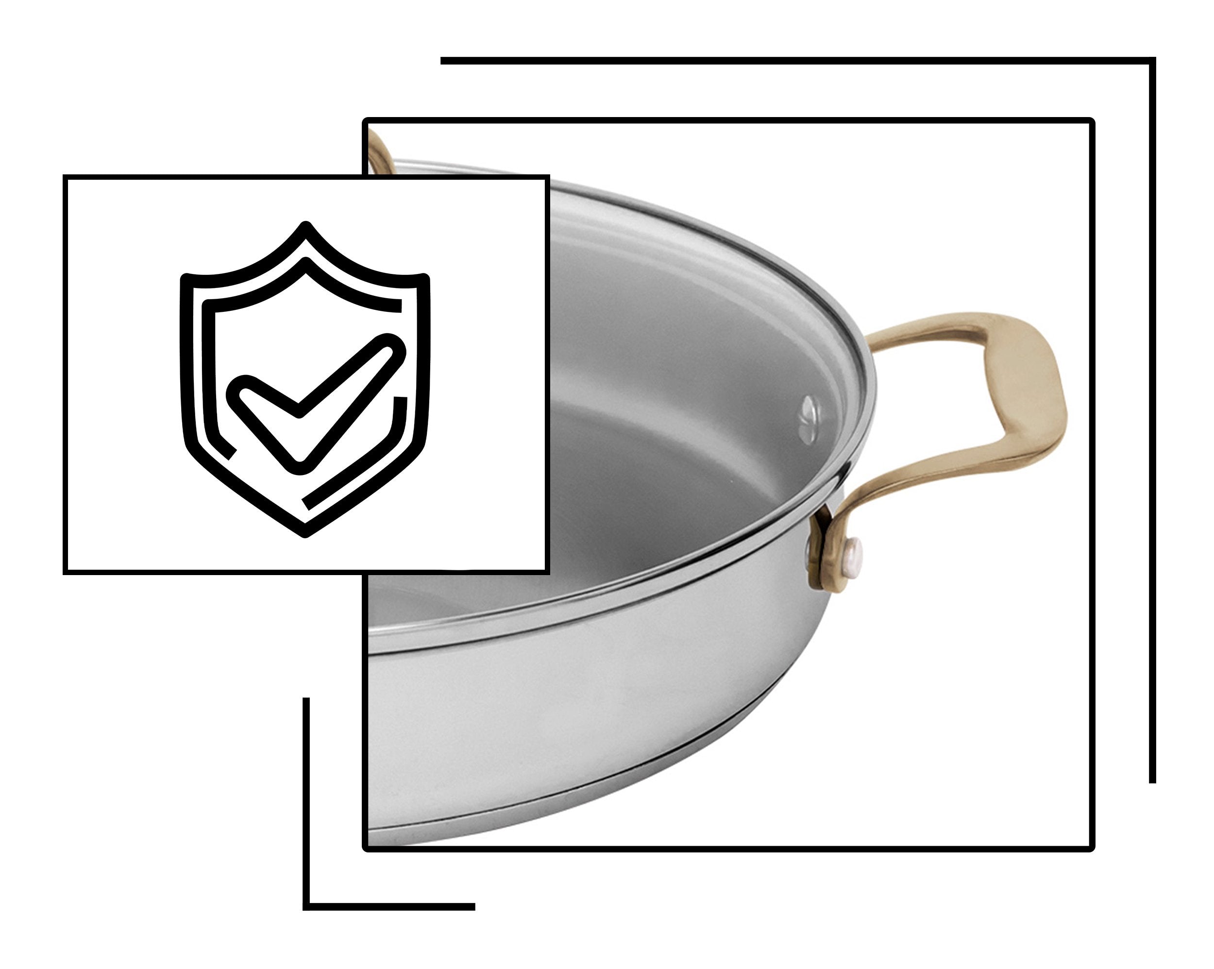 Icon and image representing limited lifetime warranty on cookware