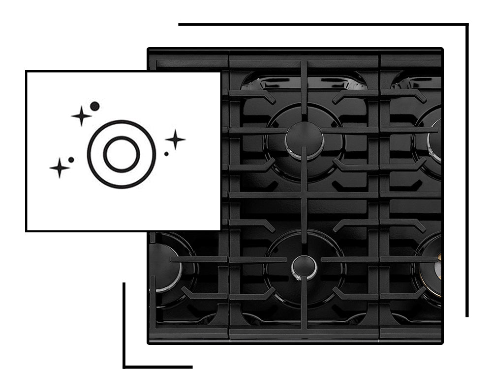 Icon and image representing porcelain cooktop on gas range