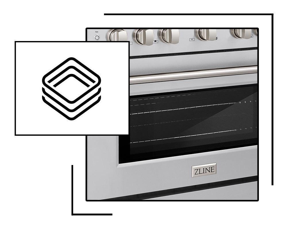 Icon and image representing triple layer glass on gas ranges