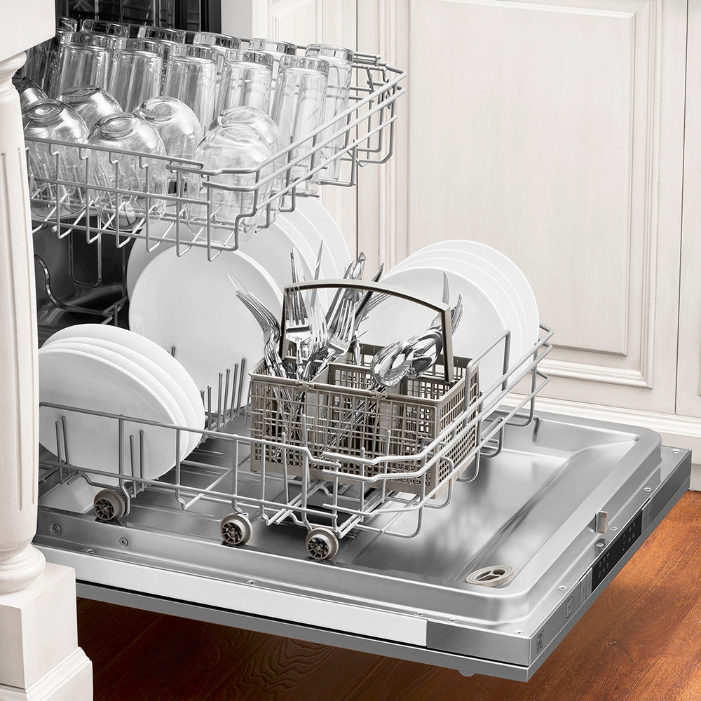 ZLINE Classic Dishwasher open with dishes and glassware inside
