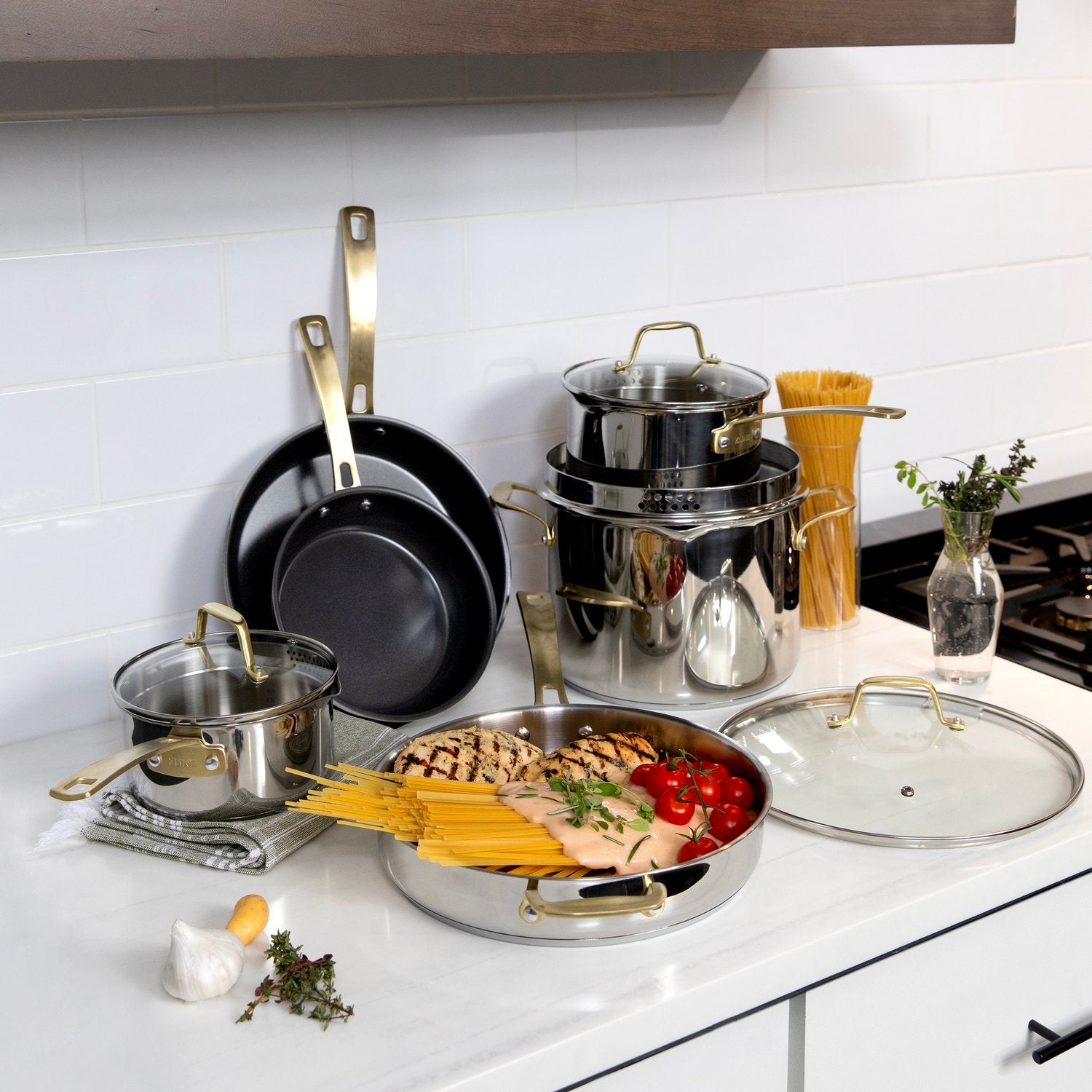 ZLINE Ceramic cookware set on a countertop with food