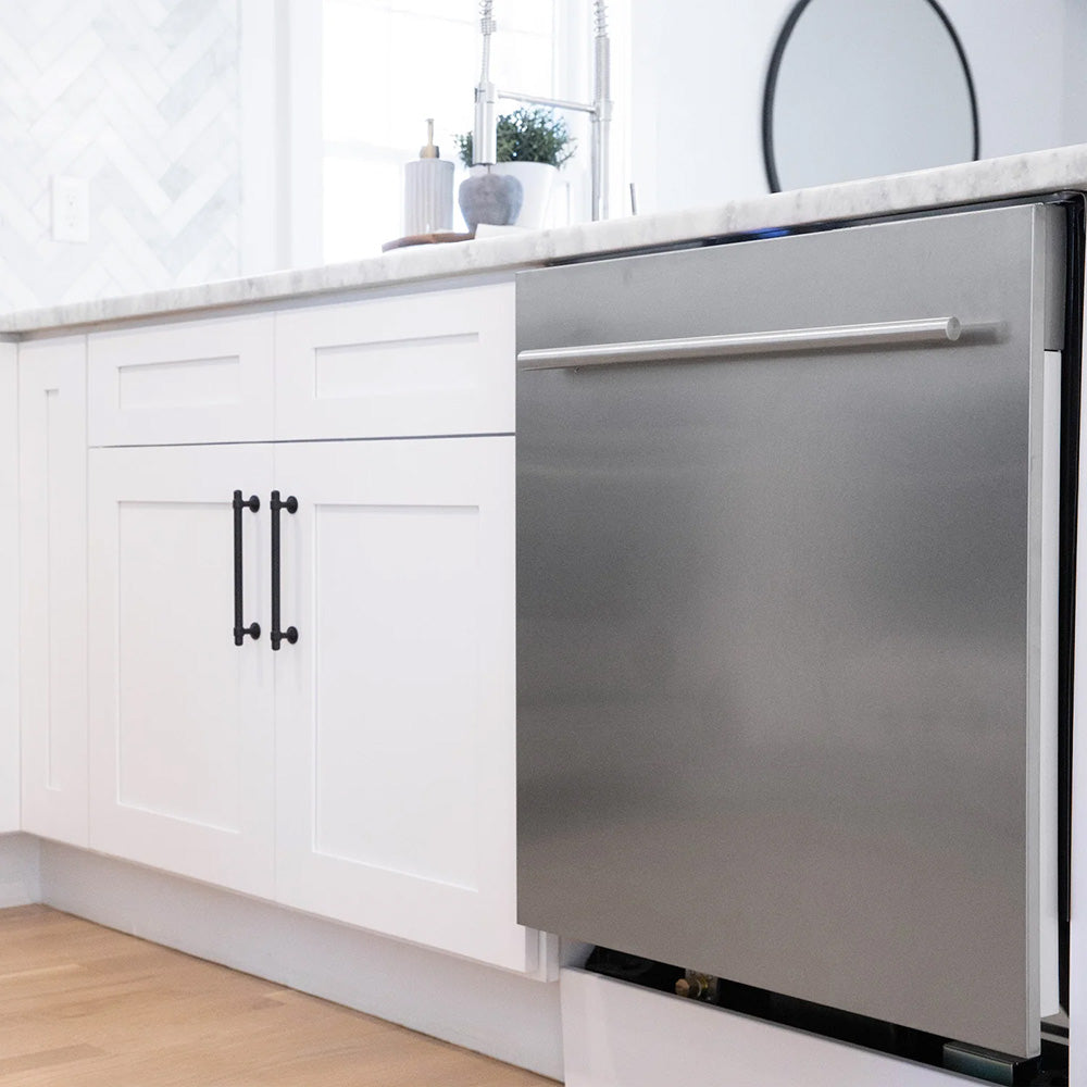 ZLINE Classic Dishwasher with stainless steel panel in a farmhouse-style kitchen