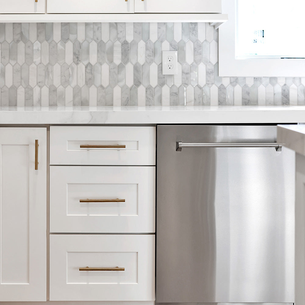 ZLINE monument dishwasher with stainless steel panel in a cottage-style kitchen