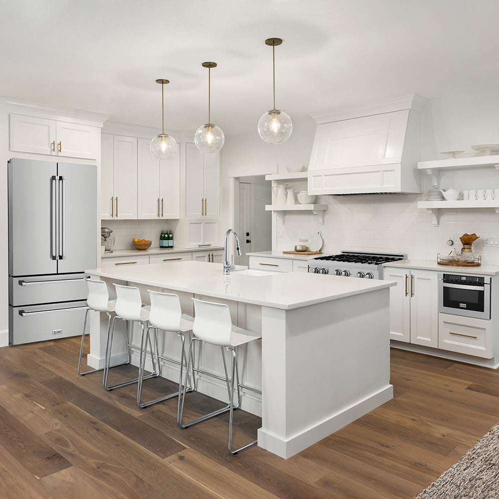 ZLINE Stainless Steel Counter-depth French door refrigerator in a cottage-style kitchen