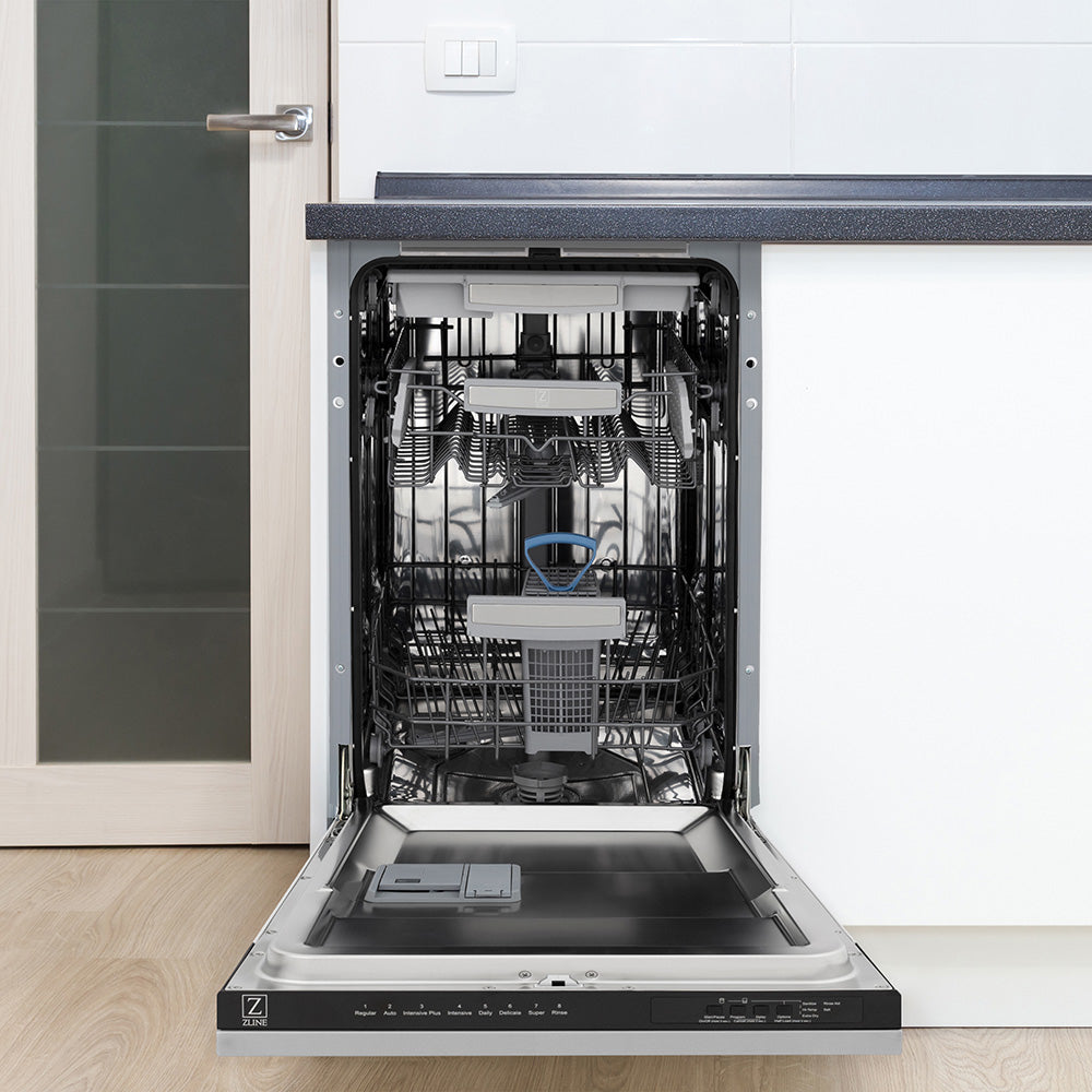 ZLINE Tallac dishwasher in a kitchen open empty