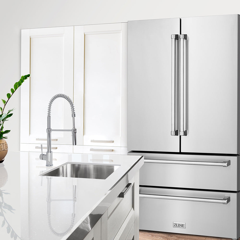 ZLINE Stainless Steel Counter-depth French door refrigerator in a white cottage-style kitchen
