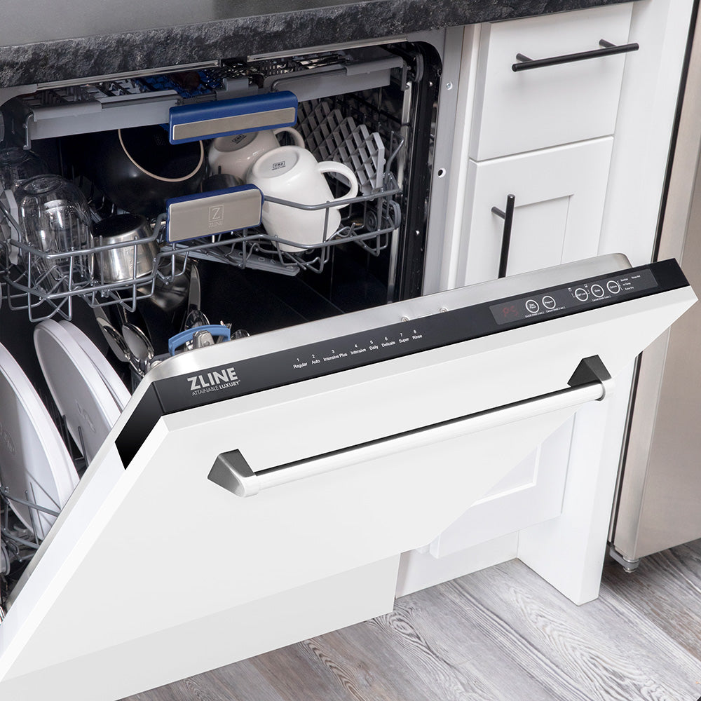 ZLINE dishwasher with a white matte panel half open in a kitchen