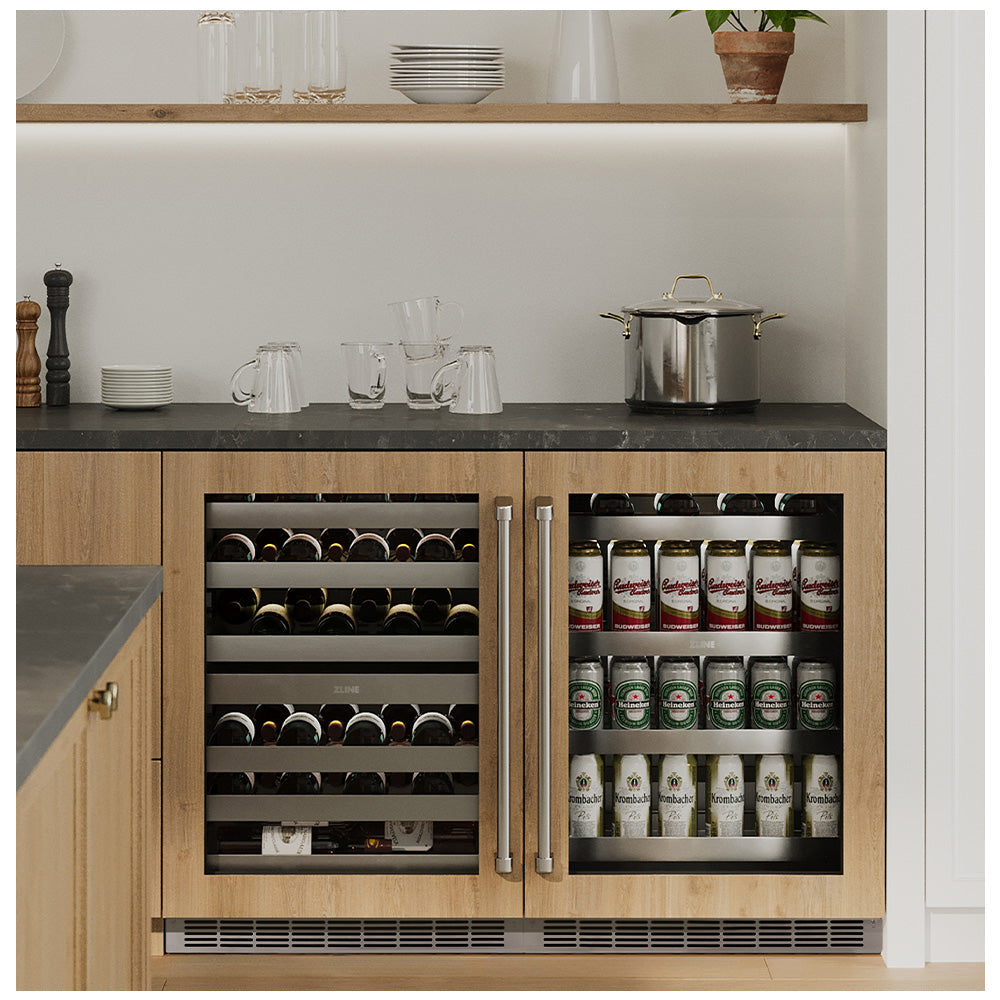 Touchstone Undercounter Beverage Refrigerator and Dual Zone wine cooler with custom wood panels in a home bar