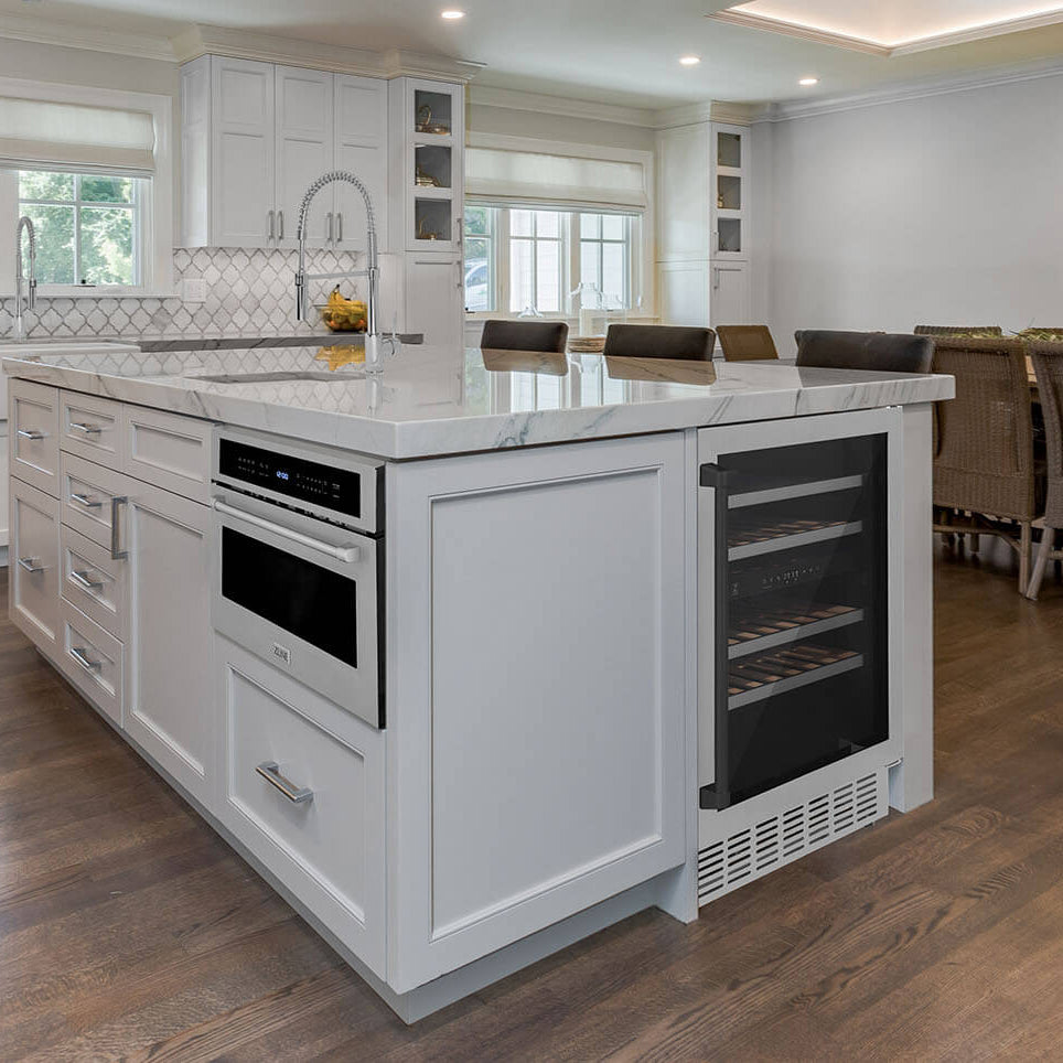 Monument dual zone wine cooler built-in to an island in a cottage-style kitchen