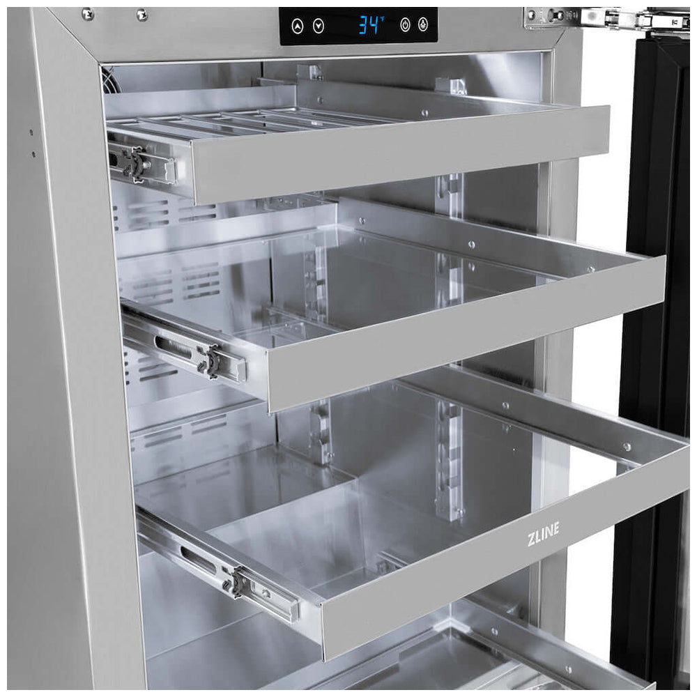 Adjustable shelving extended on ZLINE beverage fridge