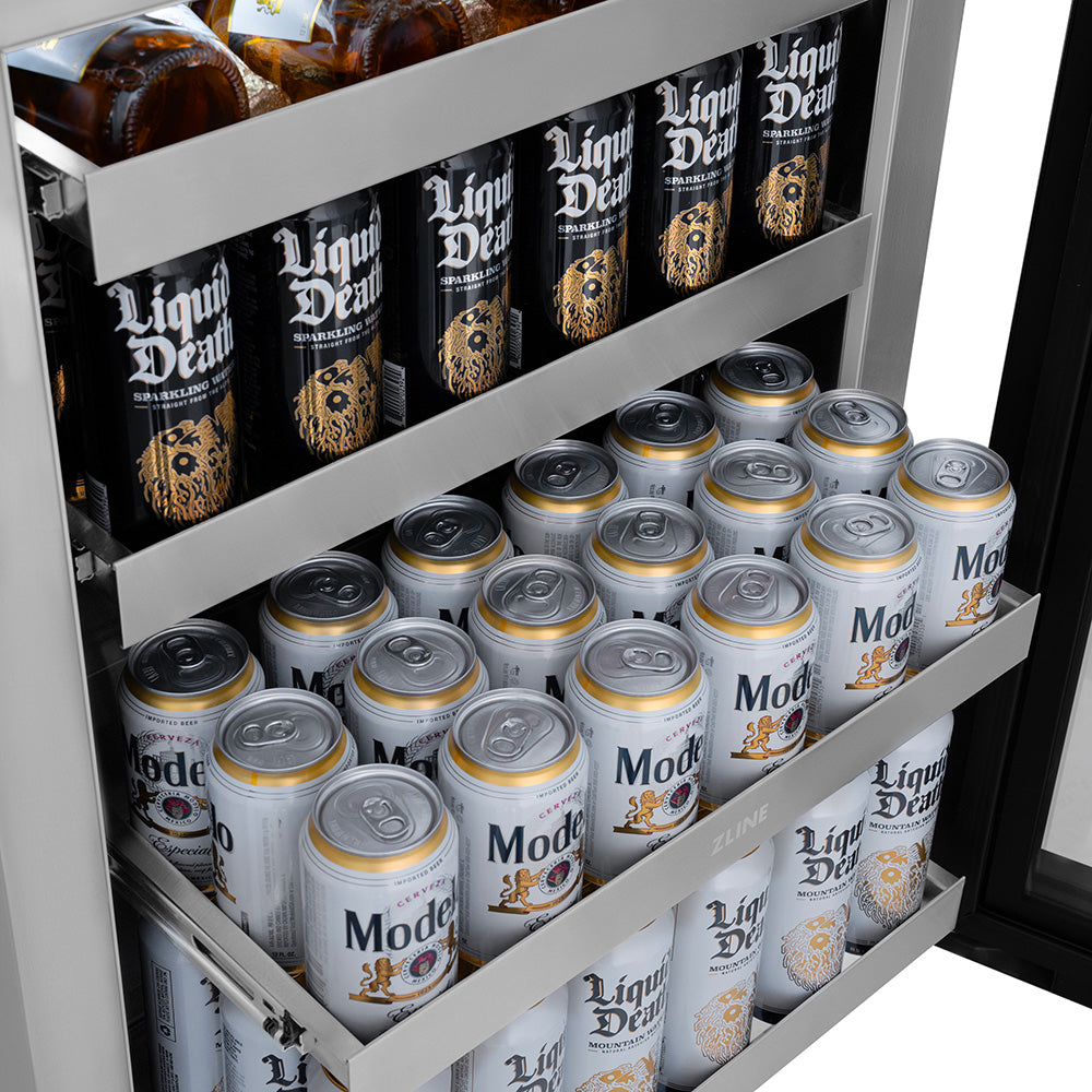 Drinks on extended shelves of Touchstone undercounter beverage fridge