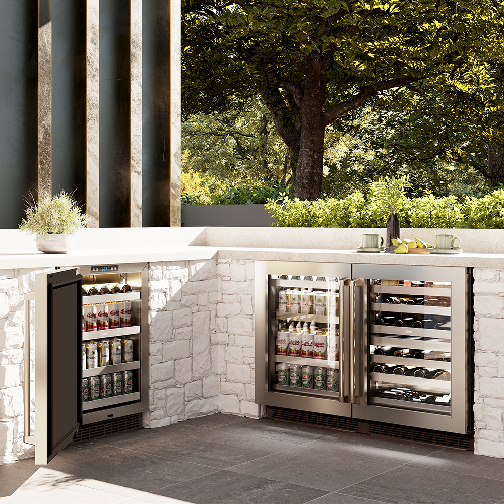 Two Touchstone Beverage Coolers and a Touchstone Wine Cooler in an outdoor patio