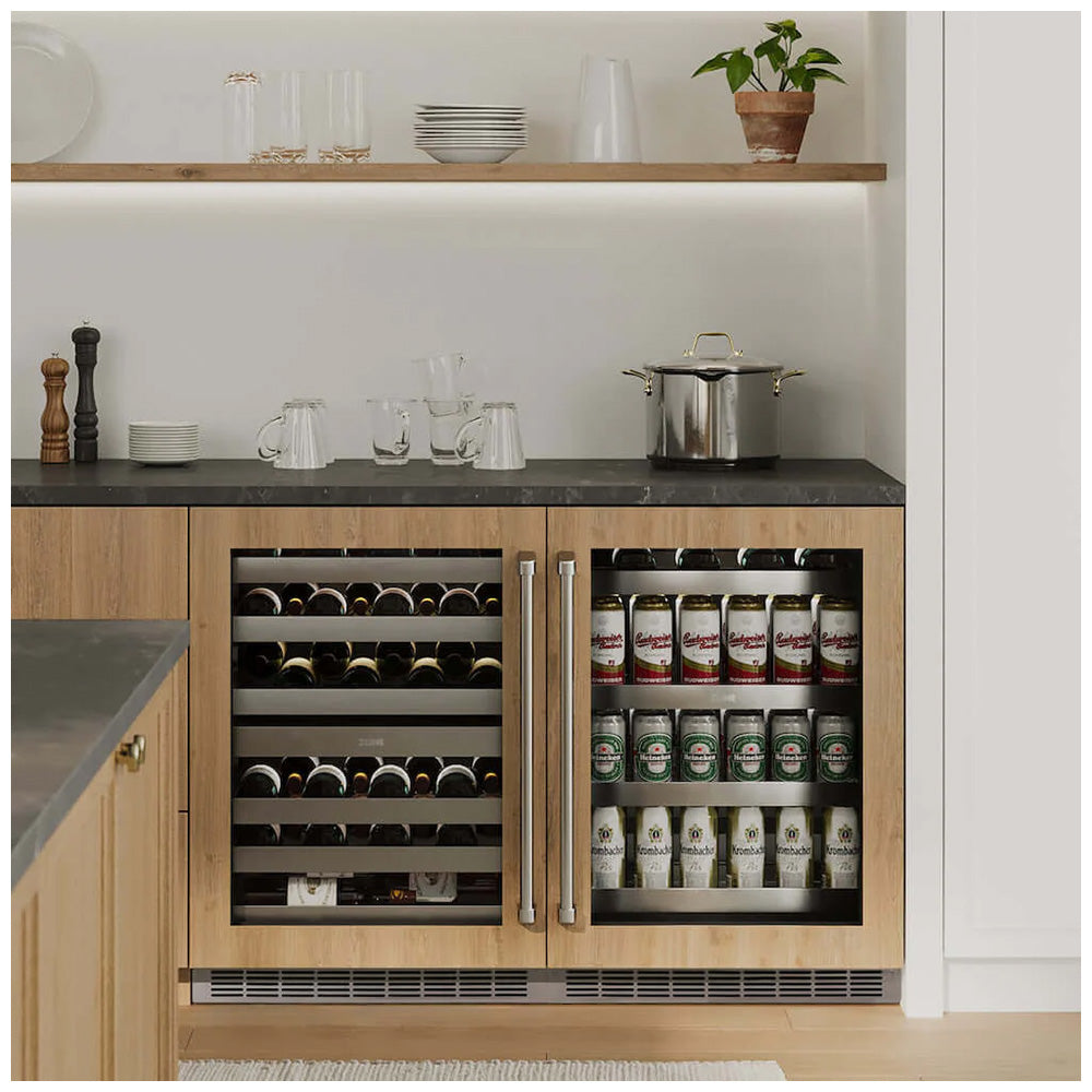 Wine cooler and beverage fridge with wood panels side-by-side in a home bar