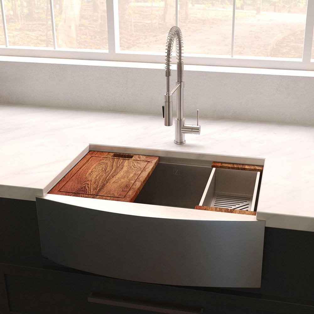DuraSnow® sink and faucet in a farmhouse-style kitchen