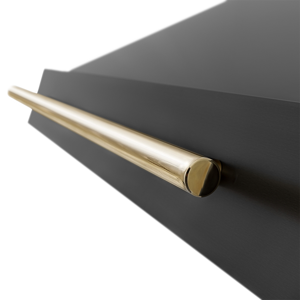 Close up ZLINE Autograph Edition Polished Gold handle on range hood