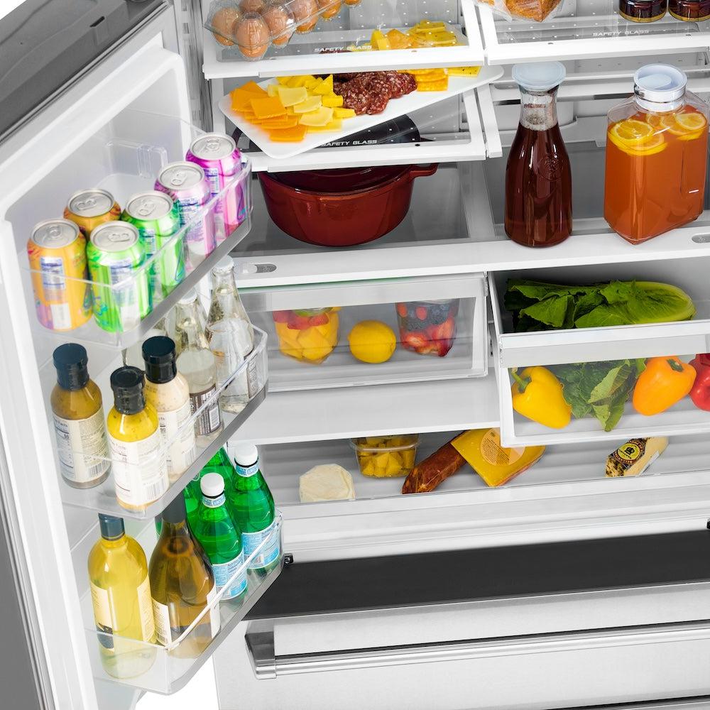 Food and drinks on shelves and doors inside ZLINE stainless steel refrigerator