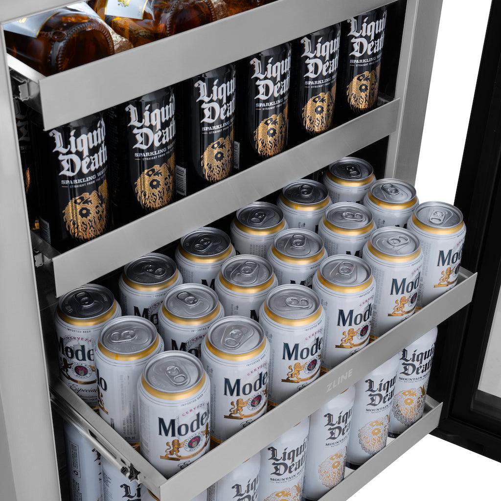 Sparkling water and beer inside a beverage refrigerator.